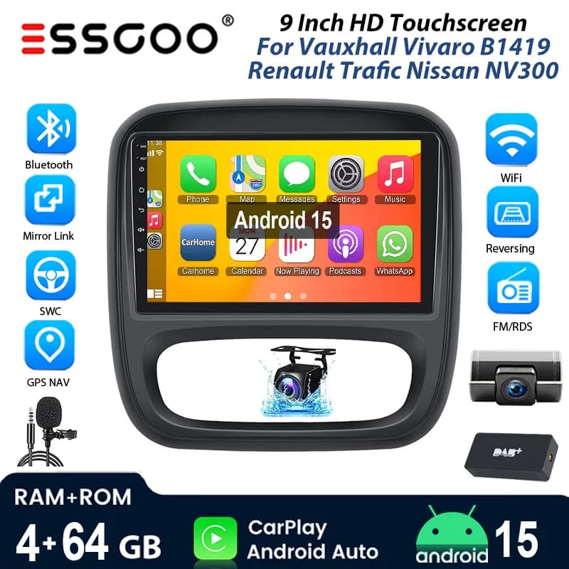 9"Android15 4+64G Car Radio Stereo For Opel Vauxhall Vivaro B Renault Trafic NV300 GPS Navi Bluetooth wrieless Carplay WIFI RDS