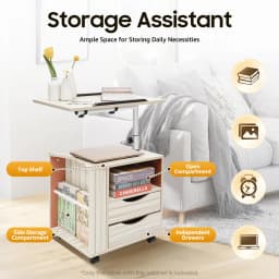 Height Adjustable Nightstand with Lockable Wheels, Over-Bed Movable Bedside Table with 2-Drawers, Bedroom Side Storage