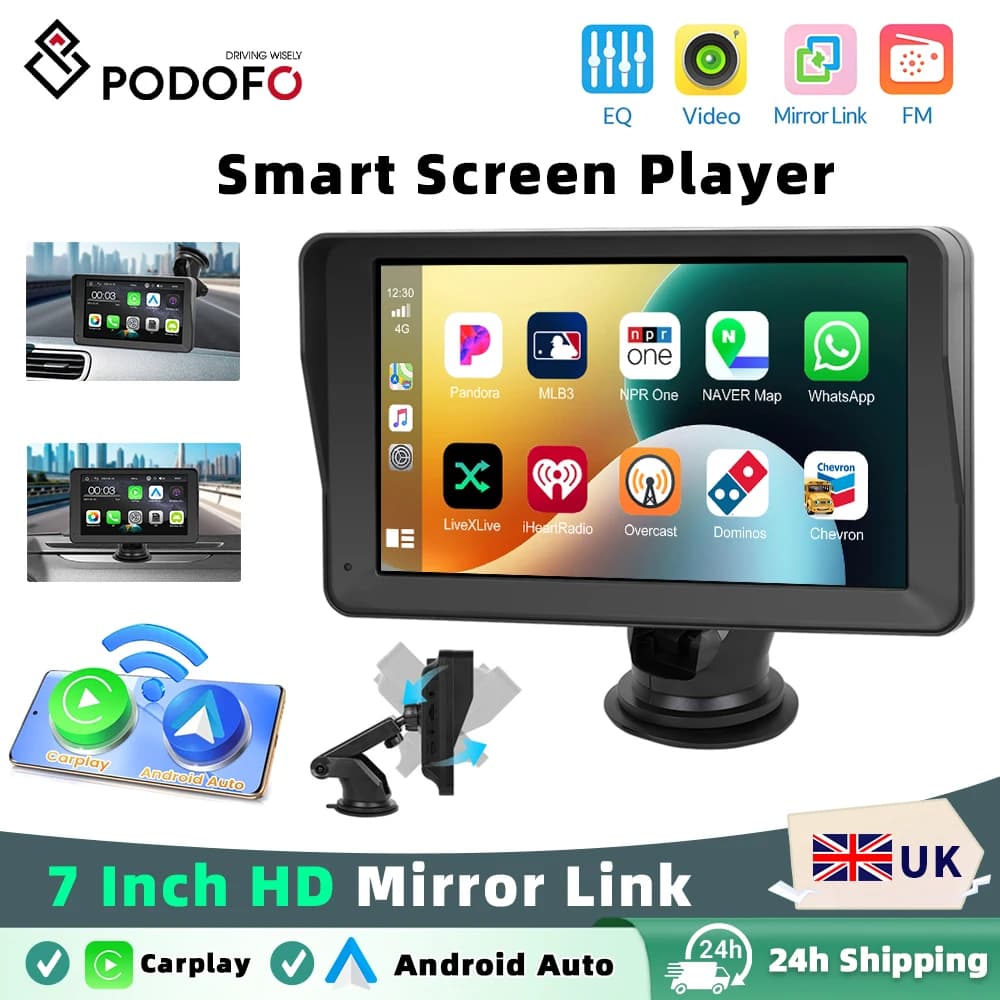 Podofo 7 Inch CarPlay Android Auto Portable Smart Player AirPlay Autolink Support CVBS Camera Car Video Player BT FM