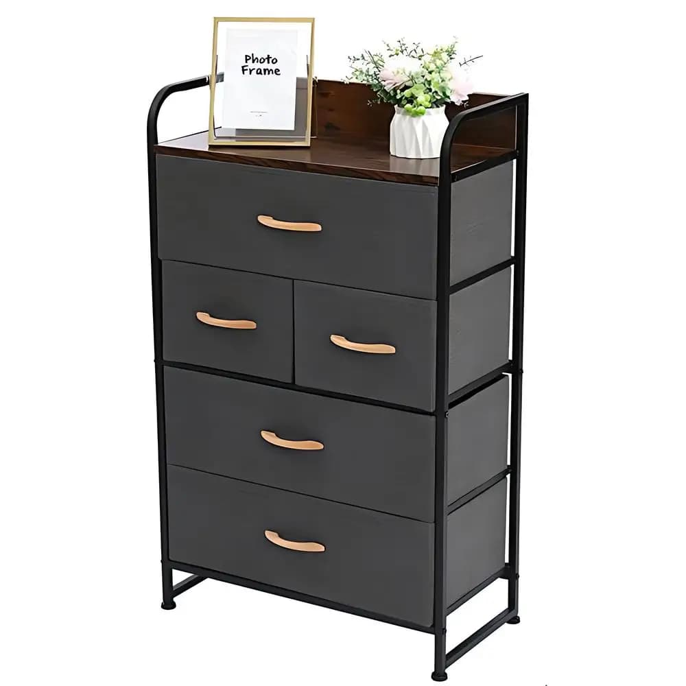 4-Tier Steel Frame Dresser Multi-Purpose Storage Rack Wood Top With Easy Pull Fabric Bins for Dorm Room Living Room Office, Grey