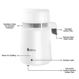 4L Countertop Home Water Distiller Machine With Activated Carbon Filter Food-grade 304 stainless steel Portable Distiller, White