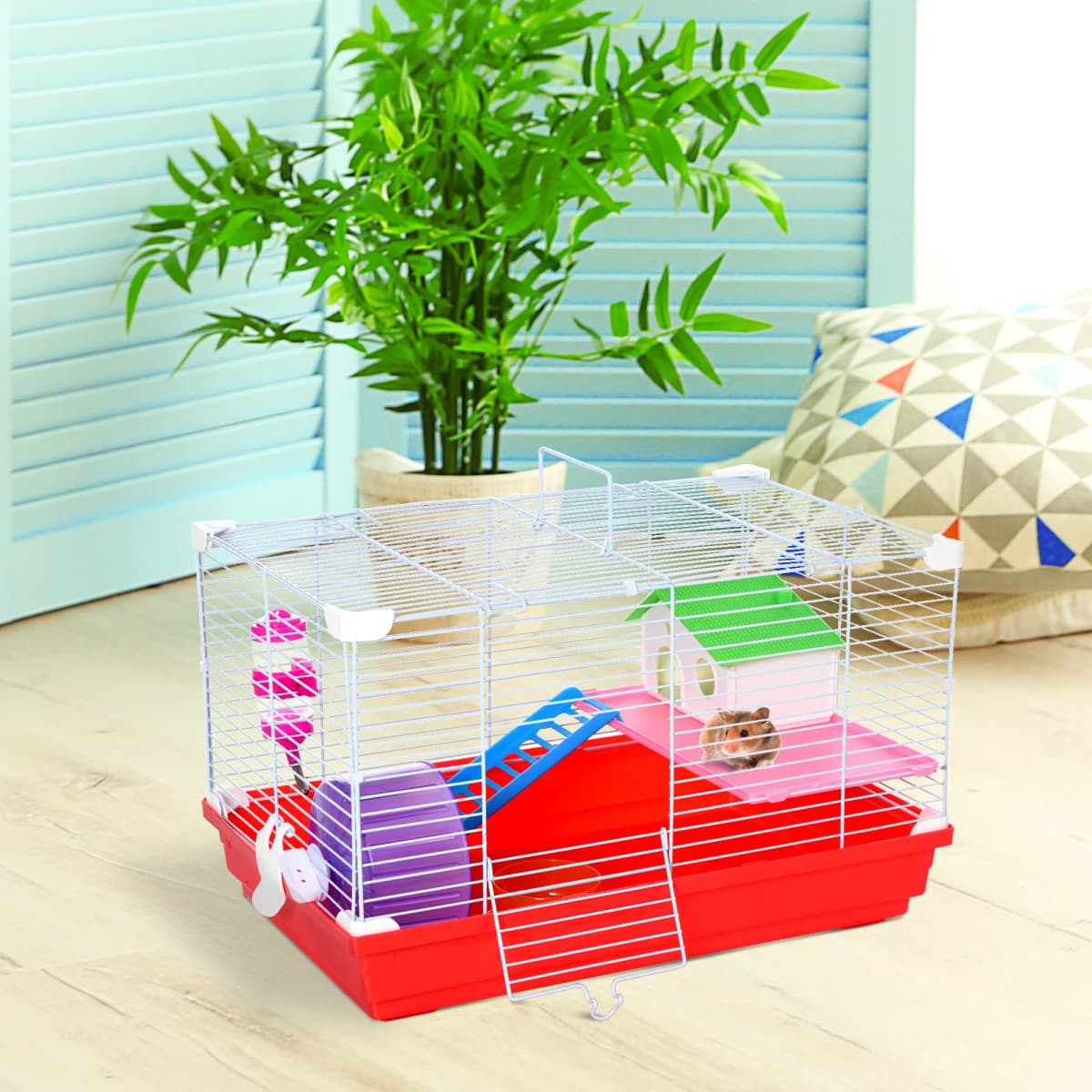 PawHut Hamster Cage, Small Gerbil Cage 2 Tiers Portable with Handle, Exercise Wheel, Water Bottle, Dishes