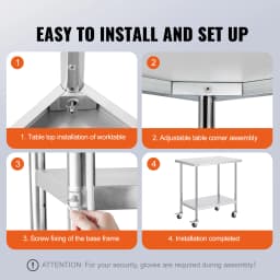 VEVOR Stainless Steel Work Prep Table with 4 Wheels 3 Adjustable Height Levels Heavy Duty Food Prep Worktable for Hotel Home