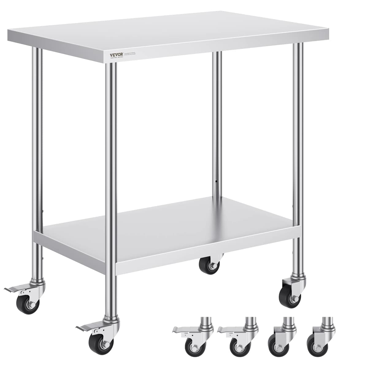 VEVOR Stainless Steel Work Prep Table with 4 Wheels 3 Adjustable Height Levels Heavy Duty Food Prep Worktable for Hotel Home
