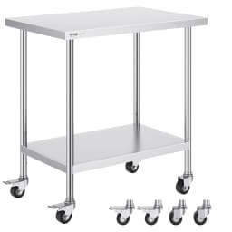 VEVOR Stainless Steel Work Prep Table with 4 Wheels 3 Adjustable Height Levels Heavy Duty Food Prep Worktable for Hotel Home