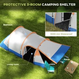 Outsunny 2-3 Man Camping Tent, Tunnel Tent with Weights, Bedroom and Living Room, 2000mm Waterproof