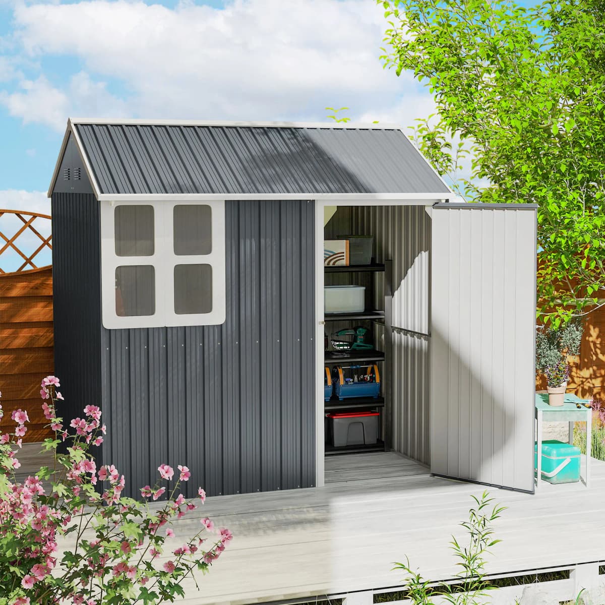 7 X 6 ft Metal Garden Shed Outdoor Storage Shed W/ Door Sloped Roof, Dark Gray