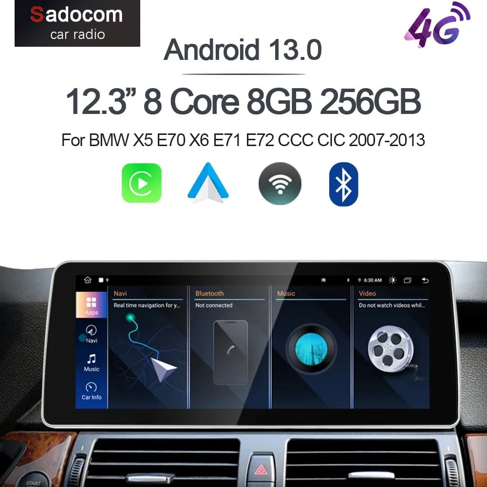 12.3" Carplay Android 13.0 8G+256G 8Core GPS Car radio Player Multimedia Stereo Wifi For BMW X5 E70 X6 E71 E72 CCC CIC 2007-2013