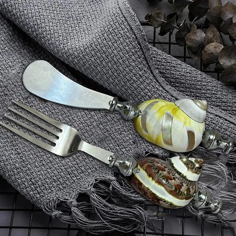 NEW Luxury Natural Conch Shell Dessert Fork, Stainless Steel Flatware, Spoon, Kitchen Utensils Set, Home Tableware
