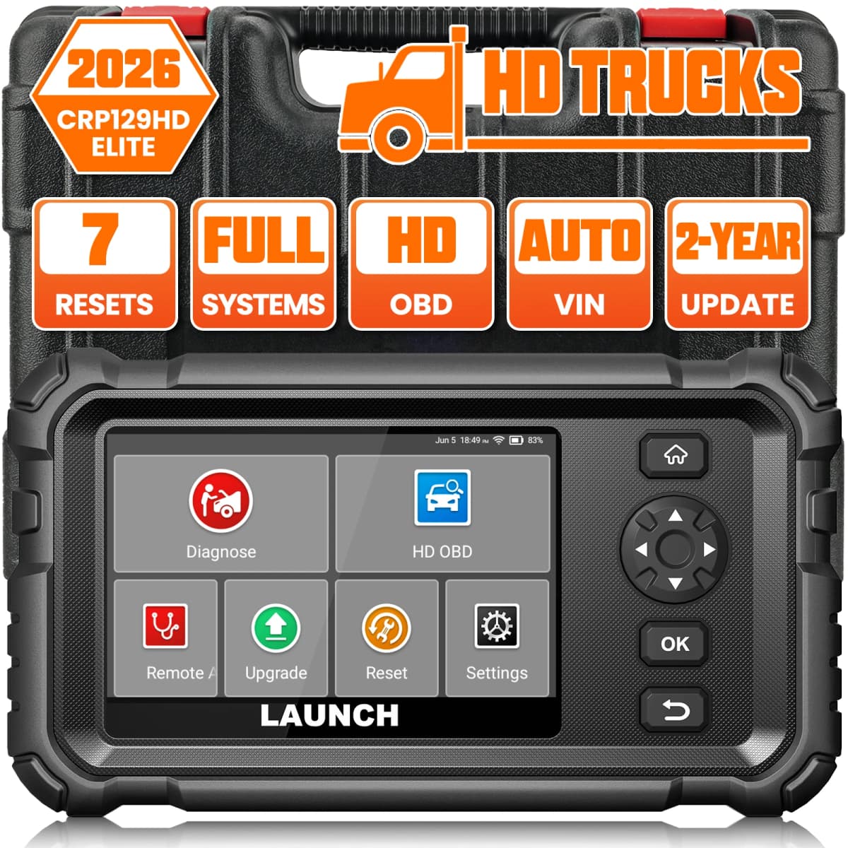 LAUNCH CRP129 HD Heavy Duty Truck Scanner,Full System Diesel Scan Tool with 7 Resets,DPF Force Regen & Reset,for 24V Heavy Truck