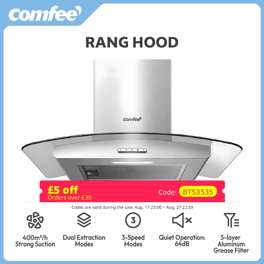 COMFEE' 60cm Chimney Cooker Range Hood Kitchen Stainless Steel Extractor with 3-Speed Modes LED Light & Glass