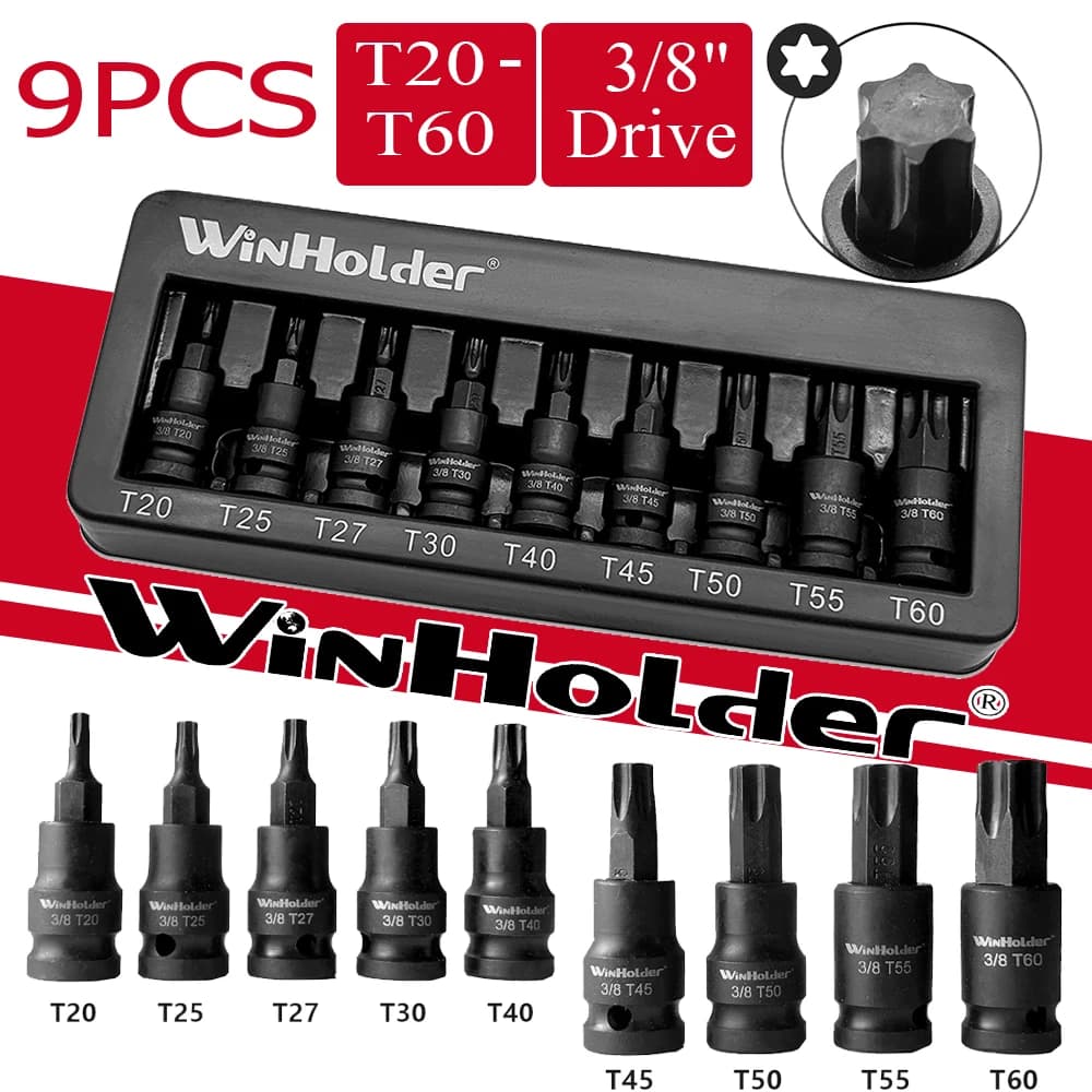 9PC 3/8" Drive Impact Torx Star Bit Sockets Set S2 Steel Bit Tool T20-T60 Sockets Bit