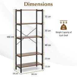 GOFLAME 5-Tier Bookshelf Bookcase Display Rack with Metal Frame-Coffee