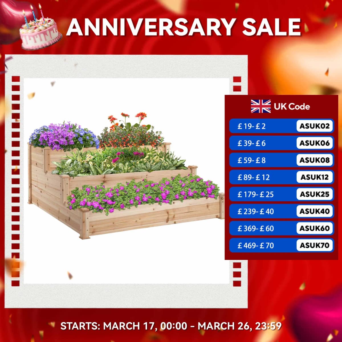 470L Wooden Raised Garden Bed 3-Tier Planter Kit for Patio 124L x 124W x 56H cm