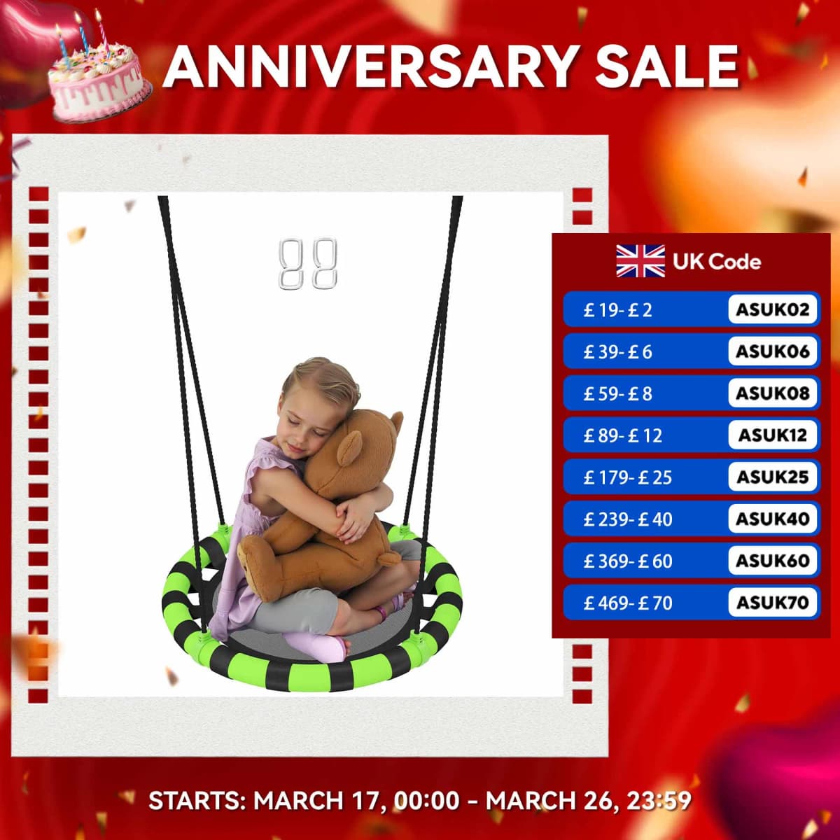 AIYAPLAY Kid Nest Swing Seat, 60cm Diameter Round Saucer Swing Set, Black