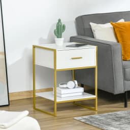 HOMCOM Modern Bedside Table Side Table Nightstand w/ Drawer Shelf White Gold