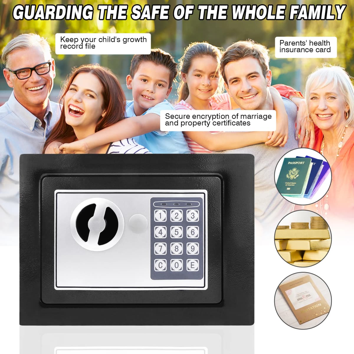 Digital Display Steel Security Safe Box, Electronic Code & Key Dual Lock, Large Home Office Money Cash Cabinet with 4.6L/8.5L/16L Sizes – Black