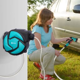 Water Hose Reel Compact Garden Patio Car Locking Auto Retract Spray Nozzle