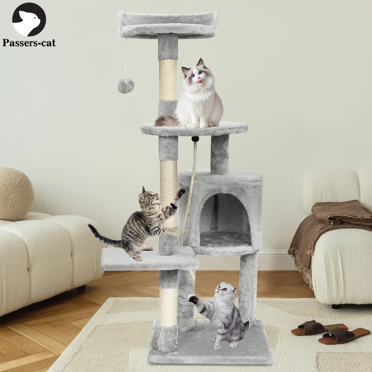 Passerscat Cat Tree Cat Tower With Toy For Indoor Cats Multi-Level With Scratching Posts Cat House Cozy Condo Padded Top Perches