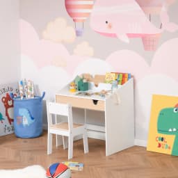 HOMCOM Kids Desk and Chair Set 2 Pieces Children Study Table with Storage Pull-Out Drawer Bookshelf for 3-6 Years