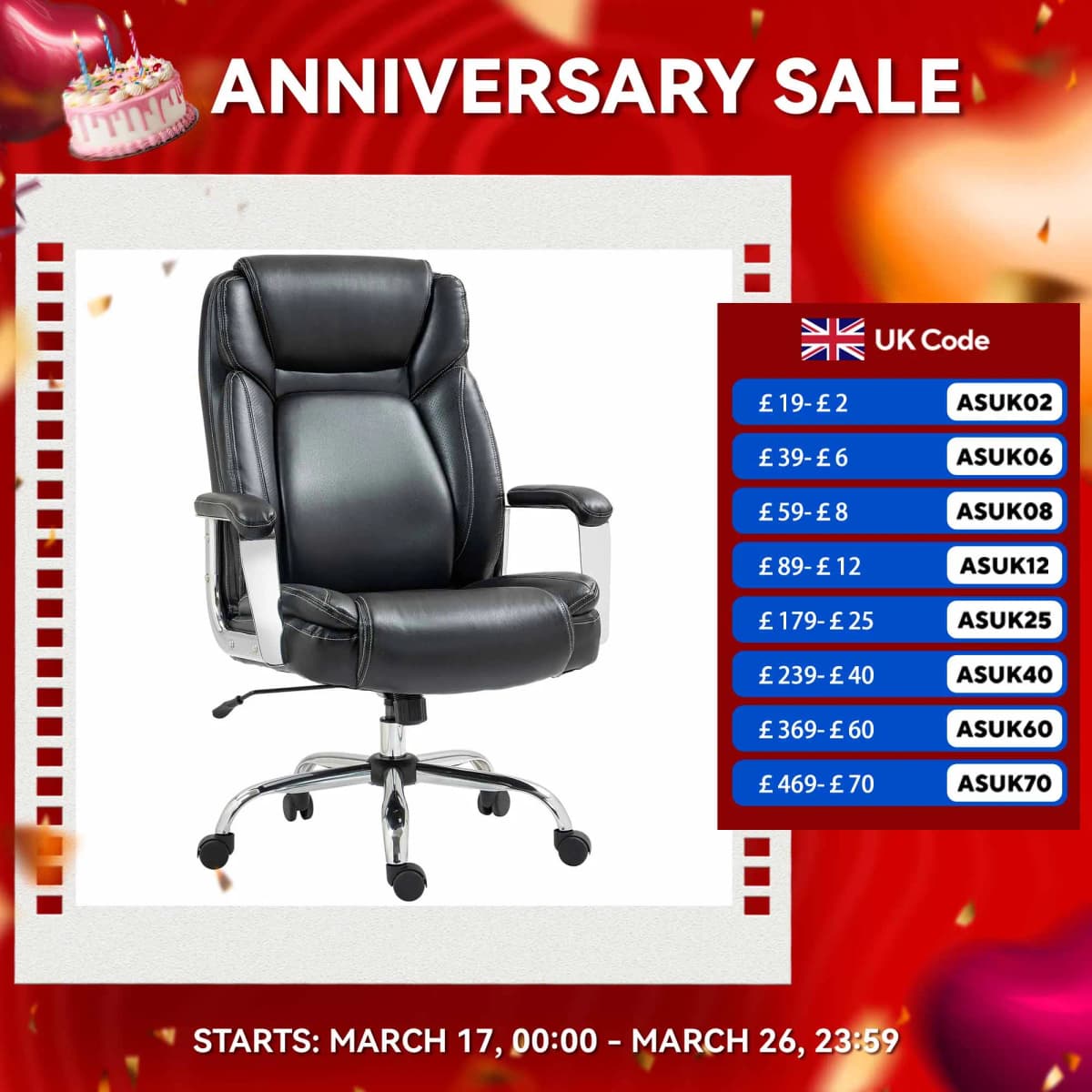 HOMCOM Faux Leather Desk Chair with Adjustable Height, 227kg 500LBS, Black