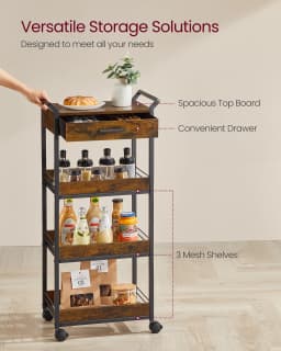 VASAGLE Storage Trolley, 4-Tier Rolling Cart with Table Top, Handles, 4 Lockable Castors, Top Drawer, Mesh Shelves