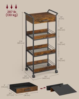 VASAGLE Storage Trolley, 4-Tier Rolling Cart with Table Top, Handles, 4 Lockable Castors, Top Drawer, Mesh Shelves