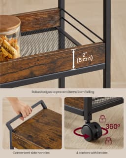 VASAGLE Storage Trolley, 4-Tier Rolling Cart with Table Top, Handles, 4 Lockable Castors, Top Drawer, Mesh Shelves