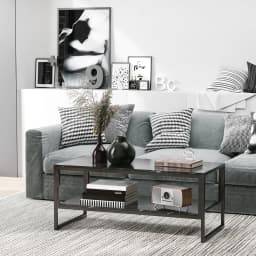 HOMCOM Two-Tier Coffee Table with Marble Effect Shelf and Metal Frame Black