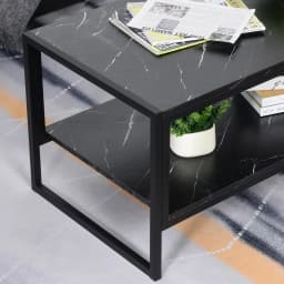 HOMCOM Two-Tier Coffee Table with Marble Effect Shelf and Metal Frame Black