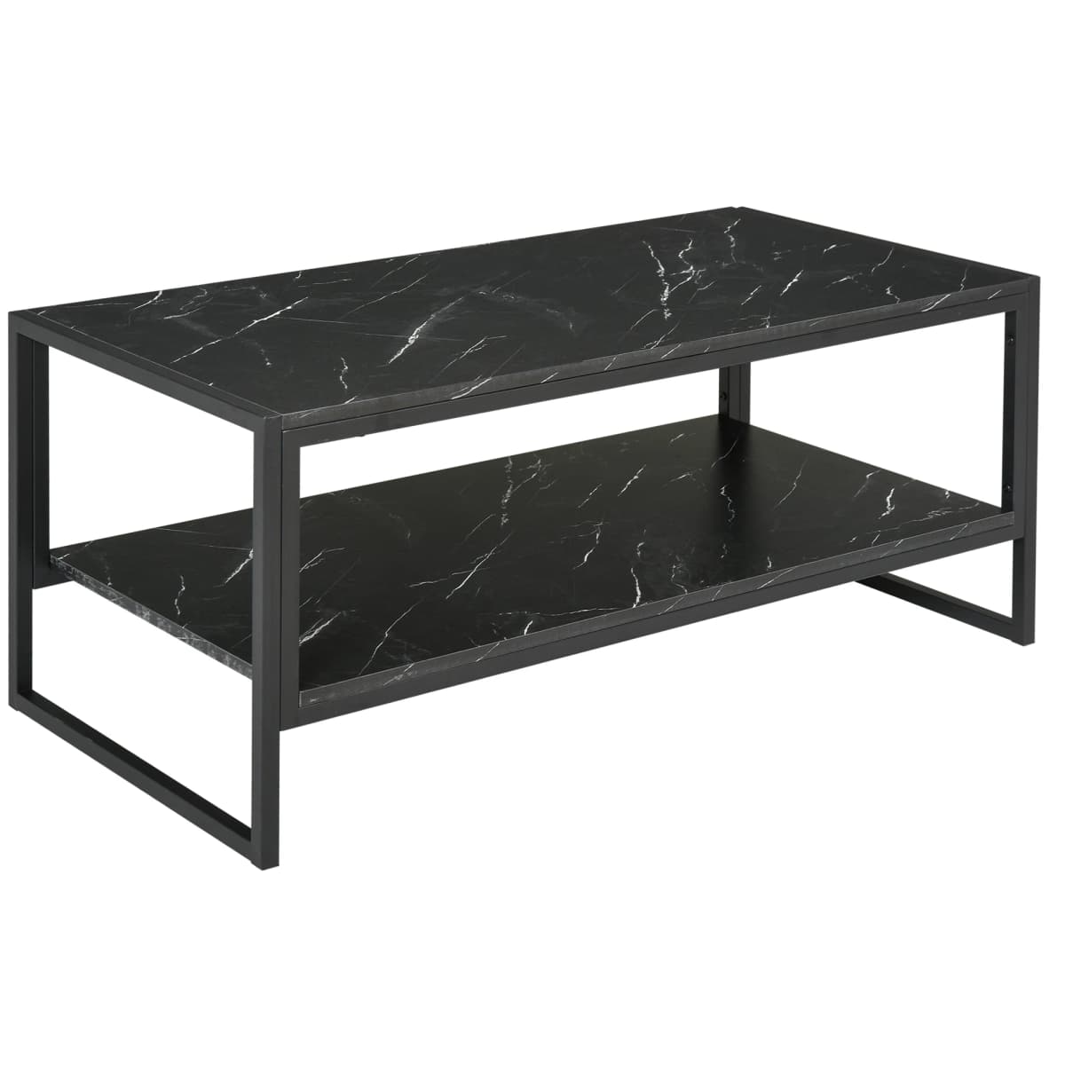 HOMCOM Two-Tier Coffee Table with Marble Effect Shelf and Metal Frame Black