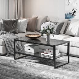 HOMCOM Two-Tier Coffee Table with Marble Effect Shelf and Metal Frame Black