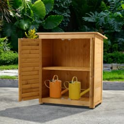 Outdoor Solid Wood Garden Storage Cabinet with Waterproof Asphalt Roof & Louver Doors, Natural Fir Wood Tool Shed for Patio/Yard