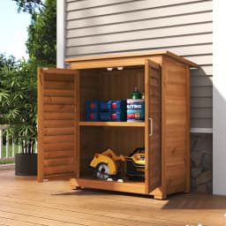Outdoor Solid Wood Garden Storage Cabinet with Waterproof Asphalt Roof & Louver Doors, Natural Fir Wood Tool Shed for Patio/Yard