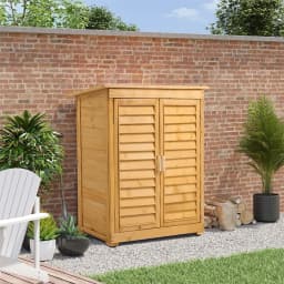 Outdoor Solid Wood Garden Storage Cabinet with Waterproof Asphalt Roof & Louver Doors, Natural Fir Wood Tool Shed for Patio/Yard