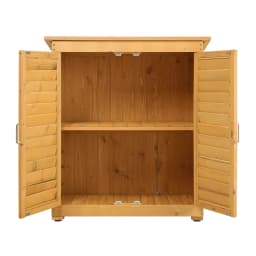 Outdoor Solid Wood Garden Storage Cabinet with Waterproof Asphalt Roof & Louver Doors, Natural Fir Wood Tool Shed for Patio/Yard