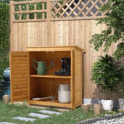 Outdoor Solid Wood Garden Storage Cabinet with Waterproof Asphalt Roof & Louver Doors, Natural Fir Wood Tool Shed for Patio/Yard