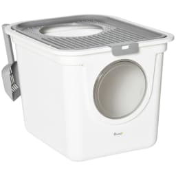 PawHut Cat Litter Tray Pet Litter Box w/ Front Entrance, Top Exit, Scoop - White