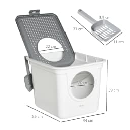 PawHut Cat Litter Tray Pet Litter Box w/ Front Entrance, Top Exit, Scoop - White