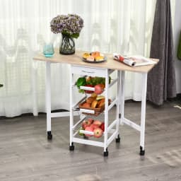 HOMCOM Drop-Leaf Kitchen Trolley w/ 3 Baskets Drawer Surface Top 6 Wheels White