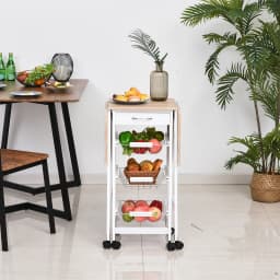 HOMCOM Drop-Leaf Kitchen Trolley w/ 3 Baskets Drawer Surface Top 6 Wheels White