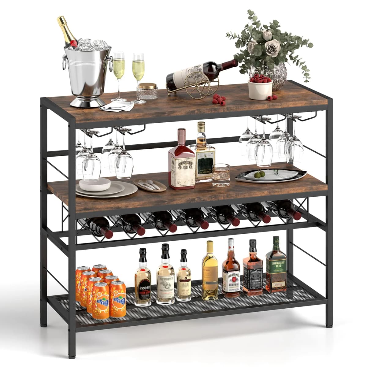 GOFLAME 104 CM Wine Rack Freestanding Wine Bar Table w/4Glass Holders-Coffee