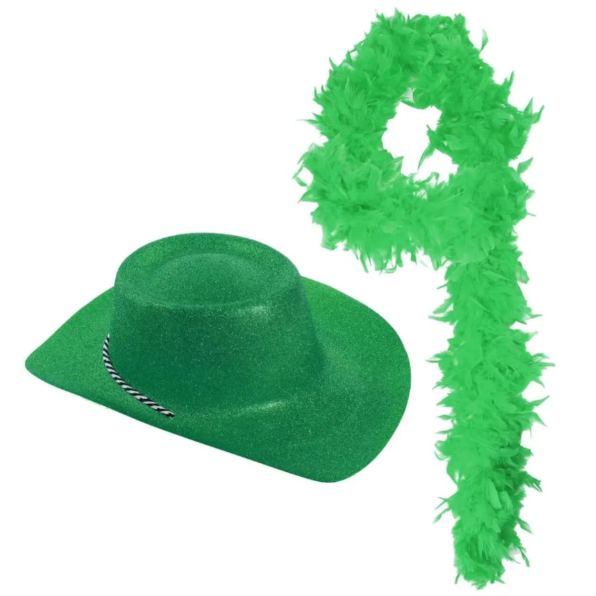 Green Glitter Cowboy Hat + Feather Boa - St Patricks Day, Six Nations, Irish/Ireland Celebrations - Fancy Dress Accessories Set