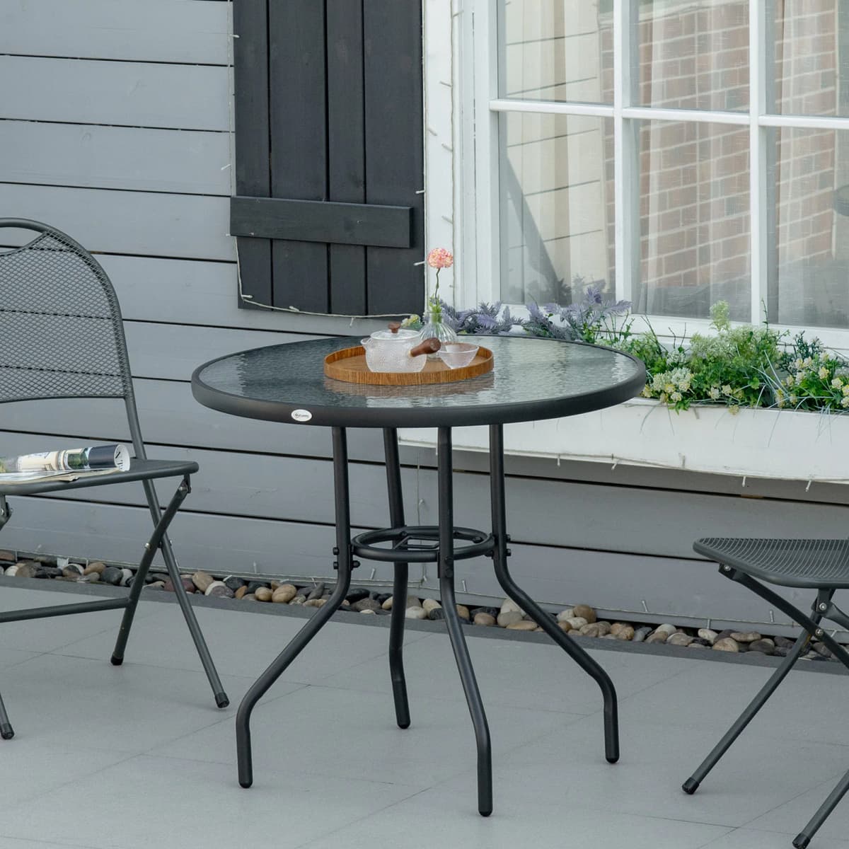 Outsunny Outdoor Round Dining Table Tempered Glass Top w/ Parasol Hole 80cm
