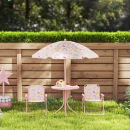 AIYAPLAY Kids Garden Table and Chair Set, Outdoor Patio Set w/ Parasol, Pink