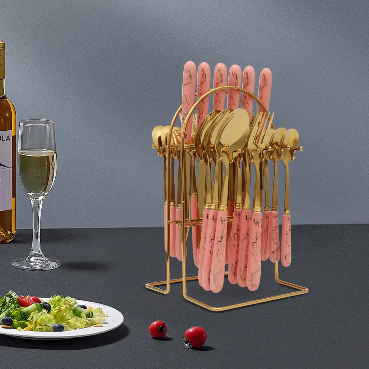 24 PCS Stainless Steel Flatware Set, Pink, Cutlery Set with Silverware Holder for Hotels