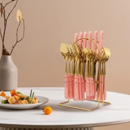24 PCS Stainless Steel Flatware Set, Pink, Cutlery Set with Silverware Holder for Hotels