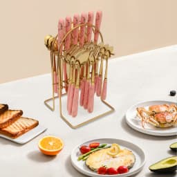 24 PCS Stainless Steel Flatware Set, Pink, Cutlery Set with Silverware Holder for Hotels
