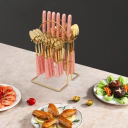 24 PCS Stainless Steel Flatware Set, Pink, Cutlery Set with Silverware Holder for Hotels