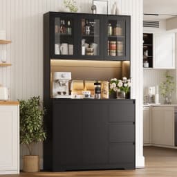 Getone Kitchen Buffet with Led, Kitchen Wardrobe Buffet Wardrobe with 3 Drawer Sockets Bar Adjustable Shelf 100X38.5X180Cm